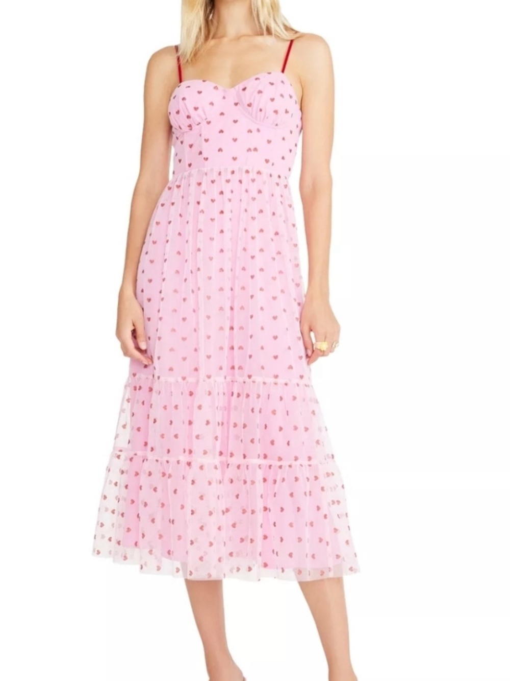 LN Betsey Johnson Metallic Heart Print Pink Mesh Tulle Midi Dress - 2